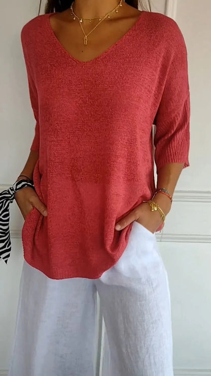 "AuraLuxe V-Neck Knit Top"